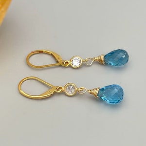 Swiss Blue Topaz earrings dangle,14k Gold, silver dangly tear drop boho handmade blue crystal jewelry for women, November Birthstone gift