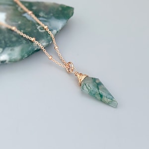Moss Agate Necklace Rose Gold, gold, sterling silver handmade crystal jewelry  green gemstone pendant layering necklace for bohemian gift