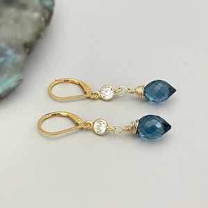 London Blue Topaz earrings dangle, drop gold sparkling Quartz Dangly crystal 14k Gold Fill Handmade jewelry for women November Birthstone