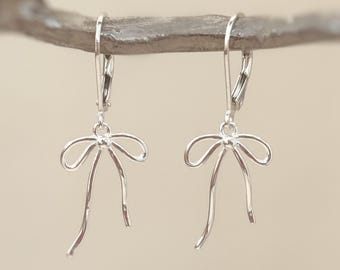 Sterling Silver Ribbon Bow Earrings dangle romantic gift for girlfriend wife handmade jewelry for women long leverback bowknot charms