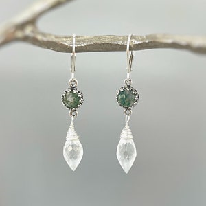 Unique Moss Agate Earrings Dangle Handmade Crystal Sterling Silver jewelry for women sparkling gemstone earrings gift