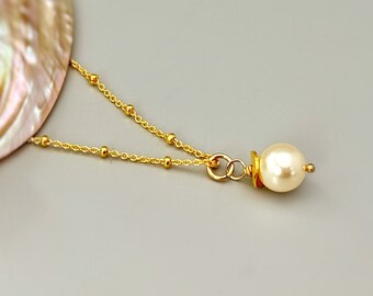 Delicado collar de una sola perla, colgante de perla hecho a mano en oro, collar en capas con piedra de nacimiento de junio, joyería bohemia hecha a mano para mujer, regalo para mamá y esposa.