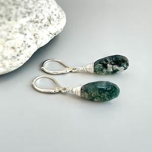 Moss Agate Earrings dangle Sterling Silver, 14k Gold fill Dainty Tear Drop Earrings dangly artisan handmade green gemstone jewelry for women