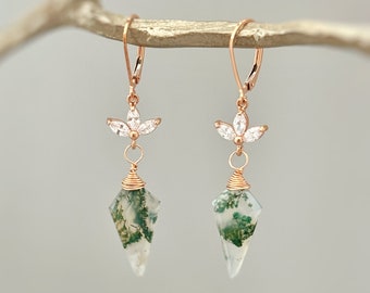 Moss Agate Earrings Dangle Rose Gold crystal dangly silver, gold, handmade boho jewelry dainty raw gemstone crystal earrings, gift for mom