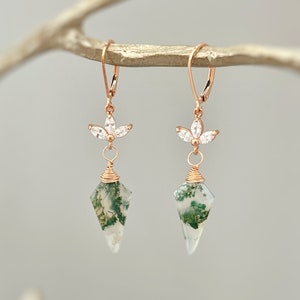 Moss Agate Earrings Dangle Rose Gold crystal dangly silver, gold, handmade boho jewelry dainty raw gemstone crystal earrings, gift for mom