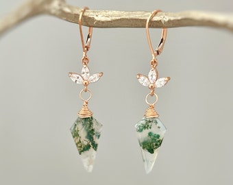 Moss Agate Earrings Dangle Rose Gold crystal dangly silver, gold, handmade boho jewelry dainty raw gemstone crystal earrings, gift for mom
