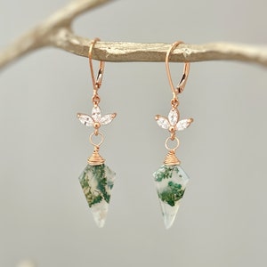 Moss Agate Earrings Dangle Rose Gold crystal dangly silver, gold, handmade boho jewelry dainty raw gemstone crystal earrings, gift for mom