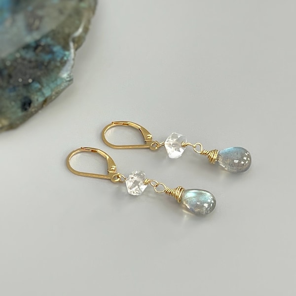 Labradorite Herkimer Diamond earrings dangle, 14k Gold fill dangly tear drop boho handmade raw crystal jewelry, bridal jewelry, gift for mom