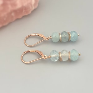 Aquamarine earrings dangle, Rose Gold Sterling Silver, Boho, 14k Gold dangly handmade March Birthstone artisan gemstone jewelry for women