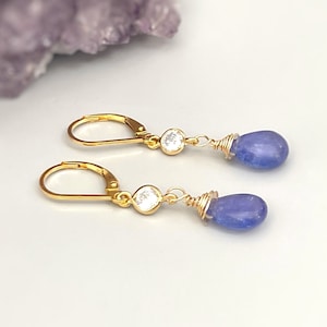 Dainty Tanzanite Earrings dangle, Gold Dangly purple gemstone crystal 14k Handmade December Birthstone Jewelry for women
