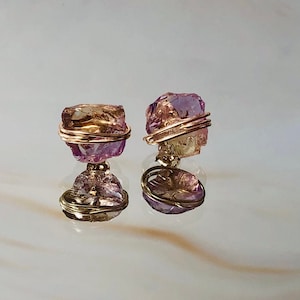 Citrine Earrings Ametrine Studs Raw Gemstone Earrings Rose Gold Handmade Citrine crystal posts sterling silver gold nugget gift for wife image 1