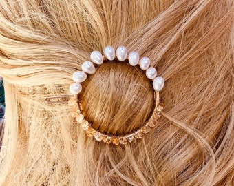 Pearl Hair Clip, Bridal Barrette Gold Hair Clip for women Elegant Handmade gemstone hair clip for long hair Wedding Hair Jewelry Citrine