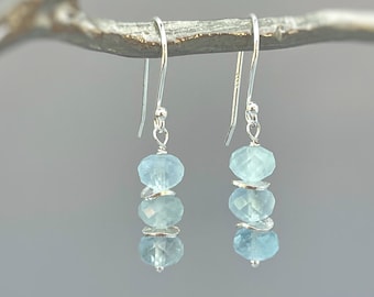 Aquamarine earrings dangle, Sterling Silver, Boho, 14k Rose Gold fill dangly handmade March Birthstone artisan gemstone jewelry for women