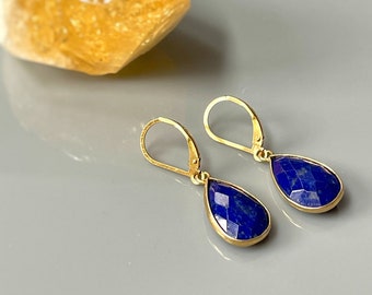 Lapis earrings 14k Gold Blue Lapis Lever back Elegant Dangly Lapis Lazuli Earrings Vermeil and gold fill dangle earrings gift for wife