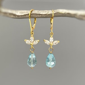 Swiss Blue Topaz earrings dangle, solid 14k Gold, silver, rose angel dangly drop handmade sky blue gemstone jewelry November Birthstone gift