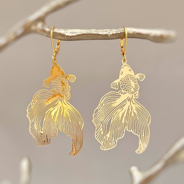 Goldfish Earrings, Dangly Statement Jewelry, big unique funky boho jewelry, lightweight large earrings fun gift for Koi Fish, animal lovers