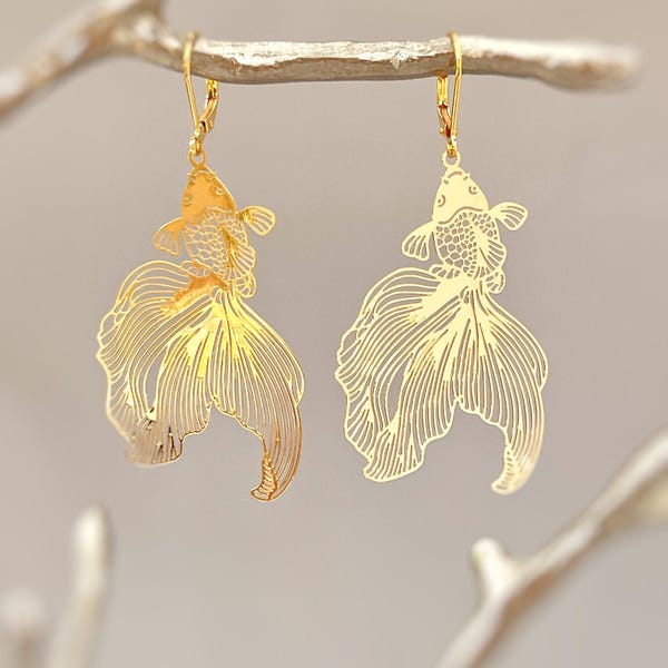 Goldfish Earrings, Dangly Statement Jewelry, big unique funky boho jewelry, lightweight large earrings fun gift for Koi Fish, animal lovers