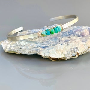 Turquoise bracelet, Silver Cuff bracelet stackable gemstone cuff handmade hammered matte white gold Turquoise gemstone cuff gift for wife