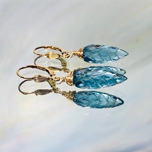 London Blue Topaz earrings dangle, Gold, Sterling Silver, solid 14k gold Handmade Topaz Quartz jewelry Leverback Dangly Birthstone earrings