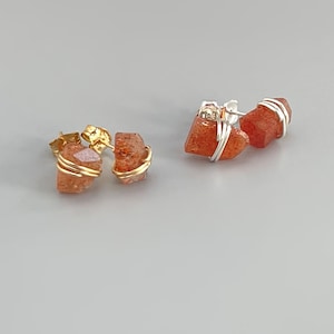 Sunstone Stud Earrings, Handmade Jewelry 14k Gold Fill, Sterling Silver, Rose Gold minimalist dainty raw gemstone post earrings Oregon gift