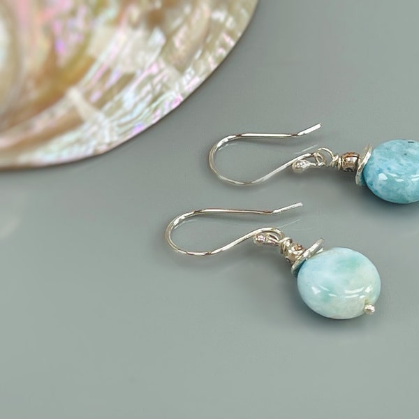 Dainty Larimar Earrings, sterling silver Larimar dangle earrings, Beach Earrings Ocean Blue Larimar Jewelry, gift for wife, girlfriend