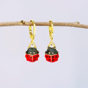 Dainty Ladybug Earrings dangle Gold, Silver huggie hoops handmade cottagecore minimalist nature inspired bug jewelry gift for gardeners, bff
