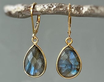 Labradorite earrings 14k Gold Sterling Silver Dangly Blue Gemstone Lever backs Labradorite Jewelry Vermeil and gold fill dangle earrings