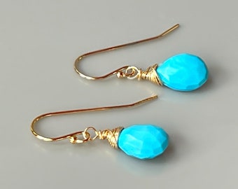 Turquoise Earrings 14k Gold, Sterling Silver, Rose Gold tear drop Dangling Gemstone Earrings Everyday Dainty Handmade Turquoise Jewelry