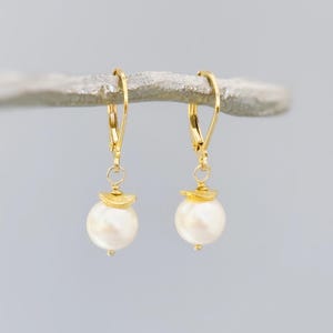 Minimalist Pearl Earrings dangle 14k Gold, Sterling Silver Blue Dainty Drop Earrings dangly artisan handmade jewelry modern bridesmaids gift