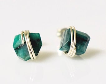 Raw Emerald Earrings, Emerald Stud earrings minimalist dainty Organic handmade jewelry post earrings, raw gemstone earrings gift for wife