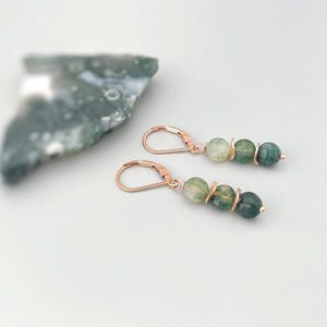 Moss Agate Earrings Dangle Rose Gold, Sterling Silver Green Gemstone Earrings long elegant handmade customizable dangly earrings for women image 14