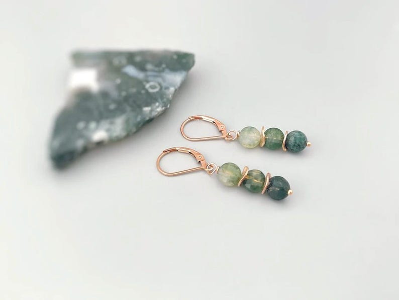 Moss Agate Earrings Dangle Rose Gold, Sterling Silver Green Gemstone Earrings long elegant handmade customizable dangly earrings for women image 14