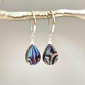 Sterling Silver Abalone Earrings dangle 14k Gold, Rose Gold Leverbacks iridescent blue paua shell handmade Summer Jewelry for beach wedding
