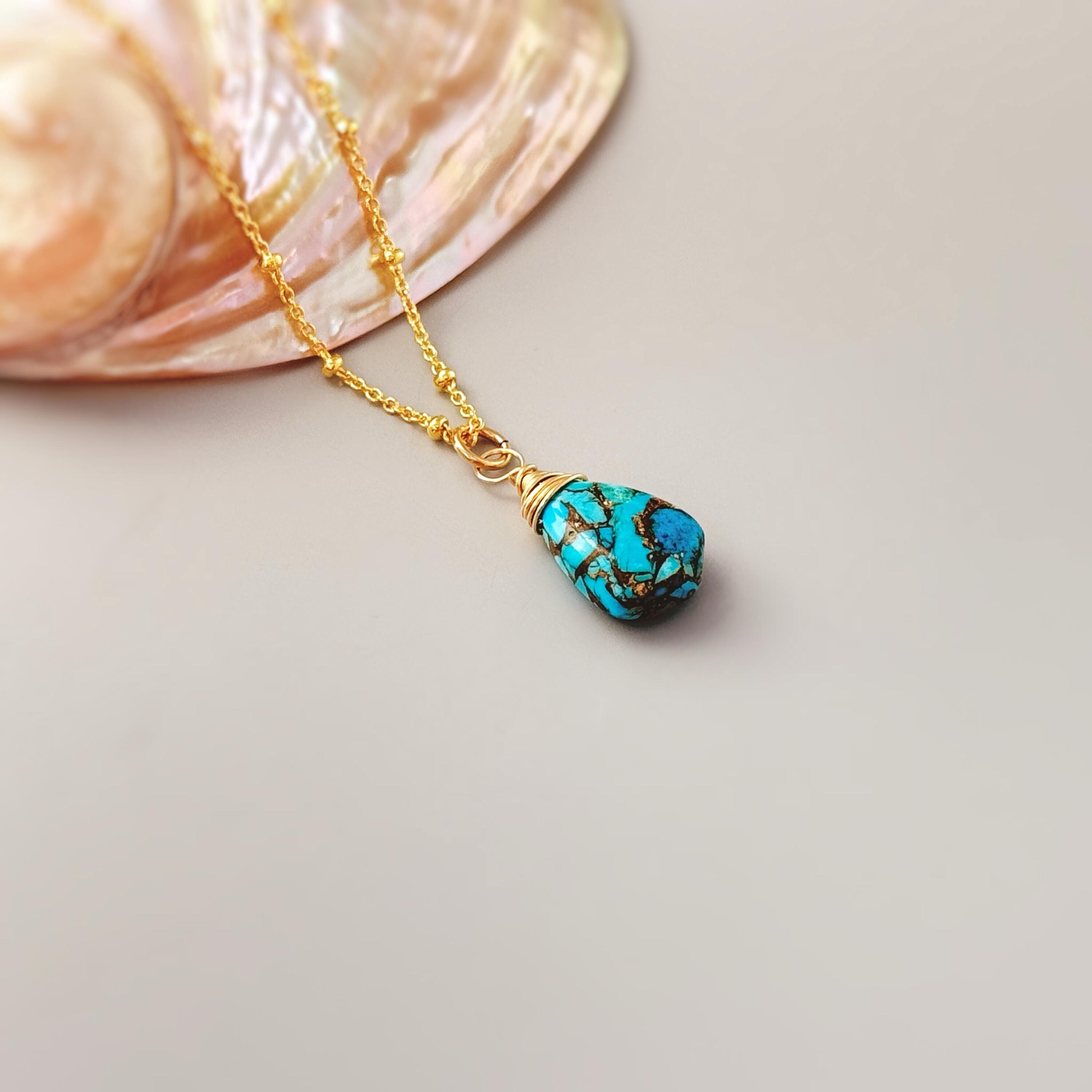 Copper Turquoise Pendant Necklace for women Gold, Rose Gold, silver handmade crystal jewelry simple boho layering necklace gift for sister