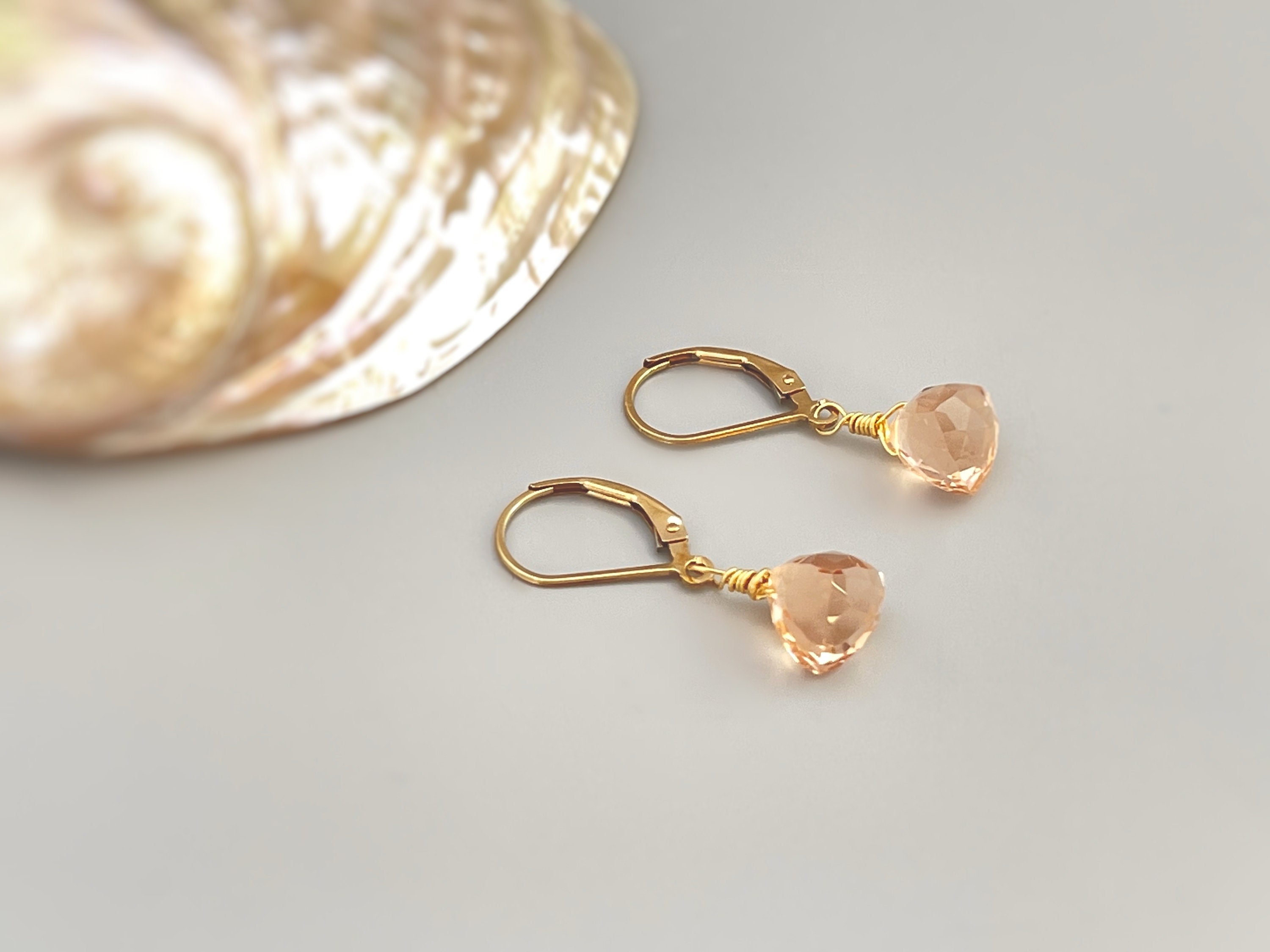Dainty Morganite earrings dangle 14k gold, Sterling Silver, Rose Gold Dainty tear drop crystal Quartz dangly pink peach gemstone jewelry