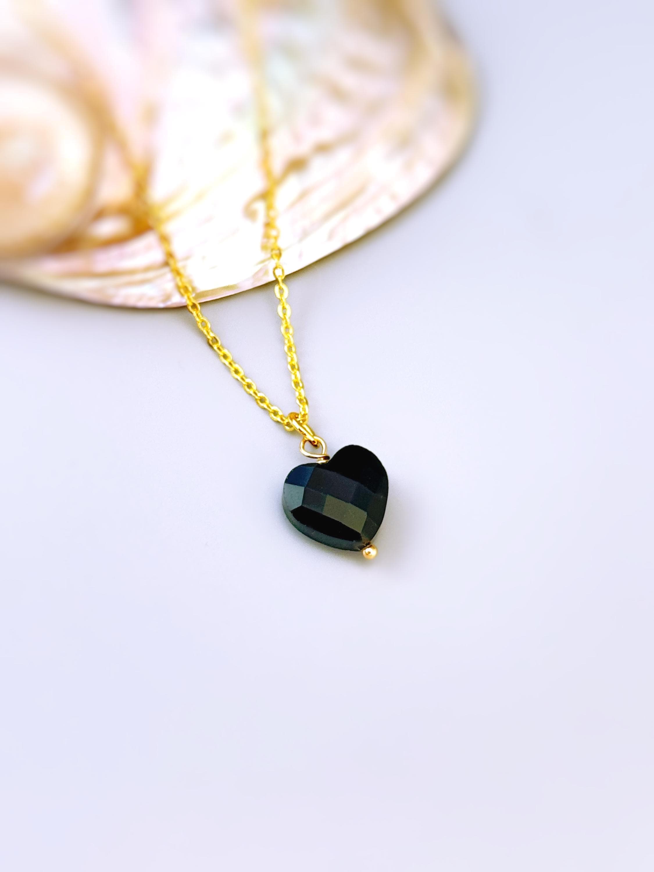 Dainty Black Onyx Heart Necklace, Faceted Onyx Pendant in 14k Gold
