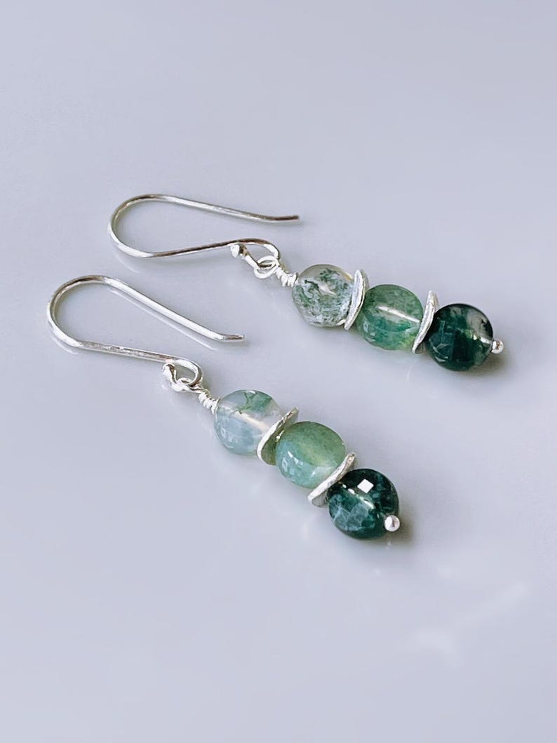 Moss Agate Earrings Dangle Rose Gold, Sterling Silver Green Gemstone Earrings long elegant handmade customizable dangly earrings for women