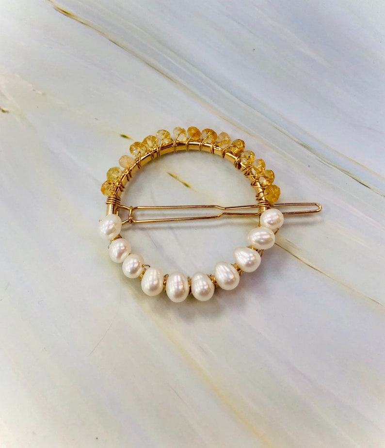 Pearl Hair Clip, Bridal Barrette Gold Hair Clip for women Elegant Handmade gemstone hair clip for long hair Wedding Hair Jewelry Citrine image 3