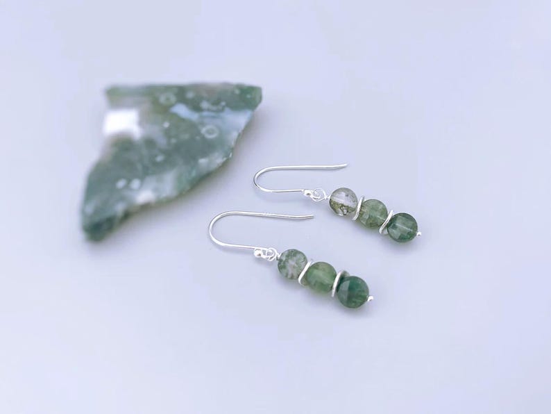 Dangly Moss Agate Earrings, Sterling Silver Green Gemstone Earrings Green long elegant handmade dangle  earrings for women nature tree agate