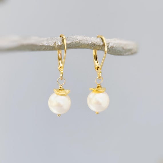 Minimalist Pearl Earrings dangle 14k Gold, Sterling Silver Blue Dainty Drop Earrings dangly artisan handmade jewelry modern bridesmaids gift