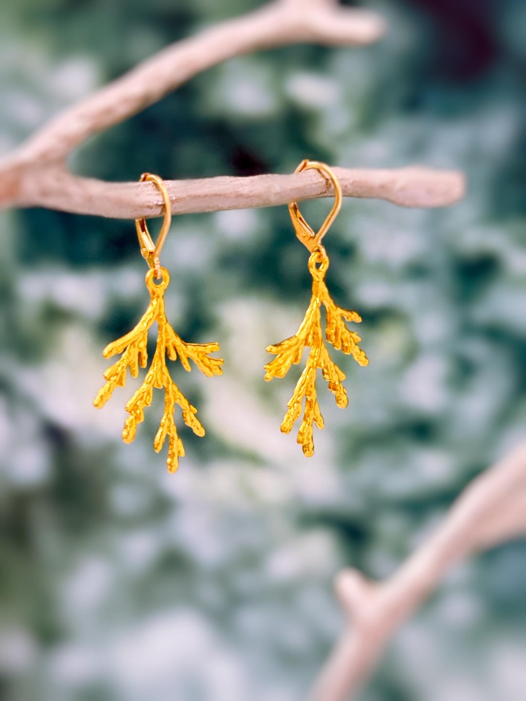 Forest Nature Earrings Gold Dangle Cedar Branch Handmade Rustic Winter ...