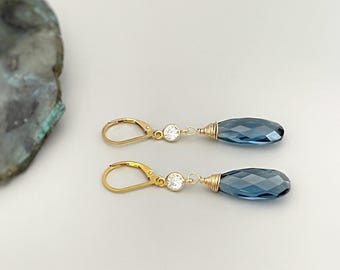 London Blue Topaz Quartz earrings dangle, sparkling crystal 14k Gold Fill Handmade jewelry for women dark Blue Topaz Leverback Dangly drops