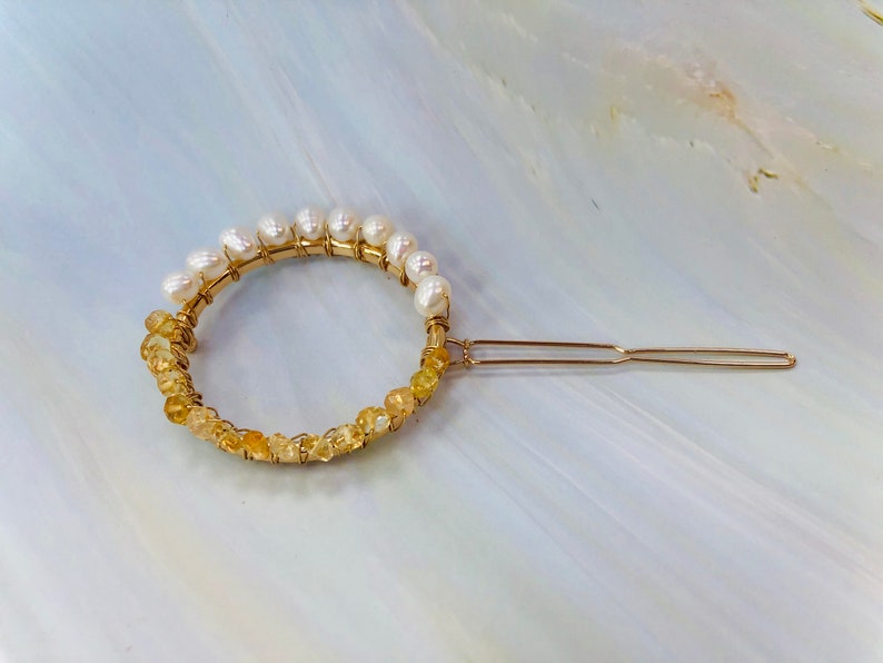 Pearl Hair Clip, Bridal Barrette Gold Hair Clip for women Elegant Handmade gemstone hair clip for long hair Wedding Hair Jewelry Citrine image 5