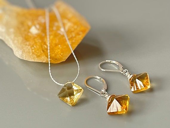 Citrine Jewelry Set Earrings, Citrine Necklace Sterling Silver Star Choker Handmade Jewelry Gemstone November Birthday Gift for Wife
