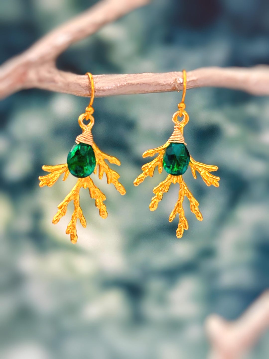 Forest Nature Earrings Gold Emerald Dangle Cedar Branch Handmade Rustic ...