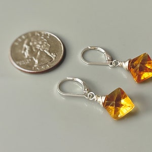 May include: A pair of silver earrings with amber-colored gemstone drops. The earrings are approximately the size of a US quarter.