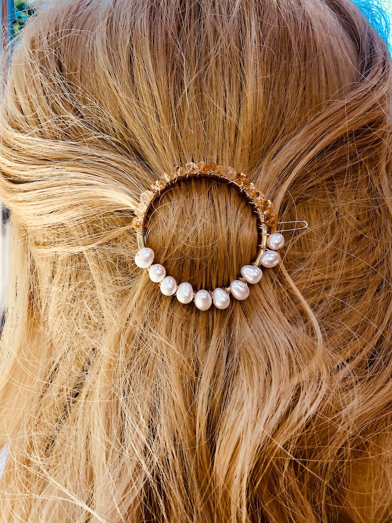 Pearl Hair Clip, Bridal Barrette Gold Hair Clip for women Elegant Handmade gemstone hair clip for long hair Wedding Hair Jewelry Citrine image 4