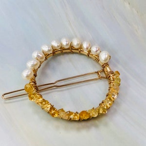 Pearl Hair Clip, Bridal Barrette Gold Hair Clip for women Elegant Handmade gemstone hair clip for long hair Wedding Hair Jewelry Citrine image 6