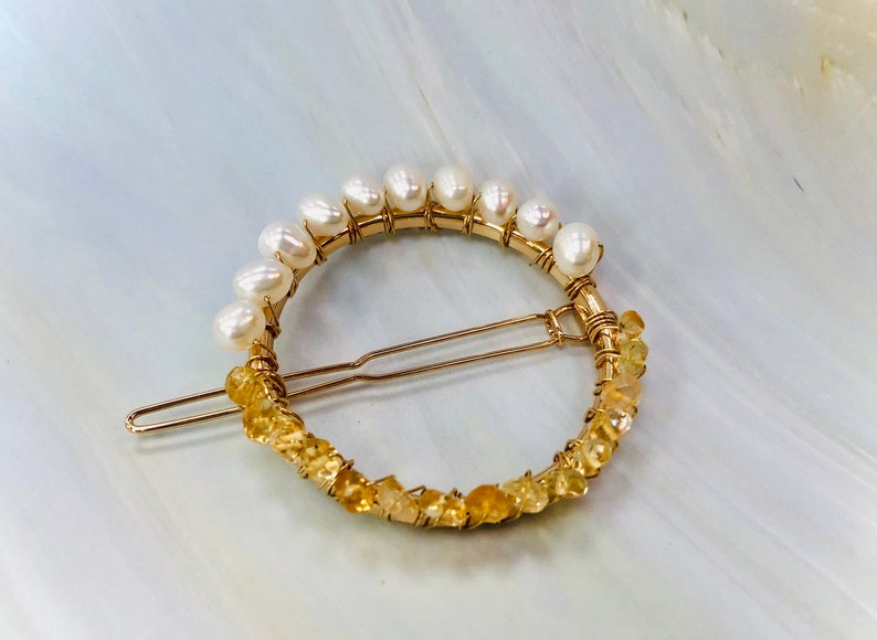 Pearl Hair Clip, Bridal Barrette Gold Hair Clip for women Elegant Handmade gemstone hair clip for long hair Wedding Hair Jewelry Citrine image 6