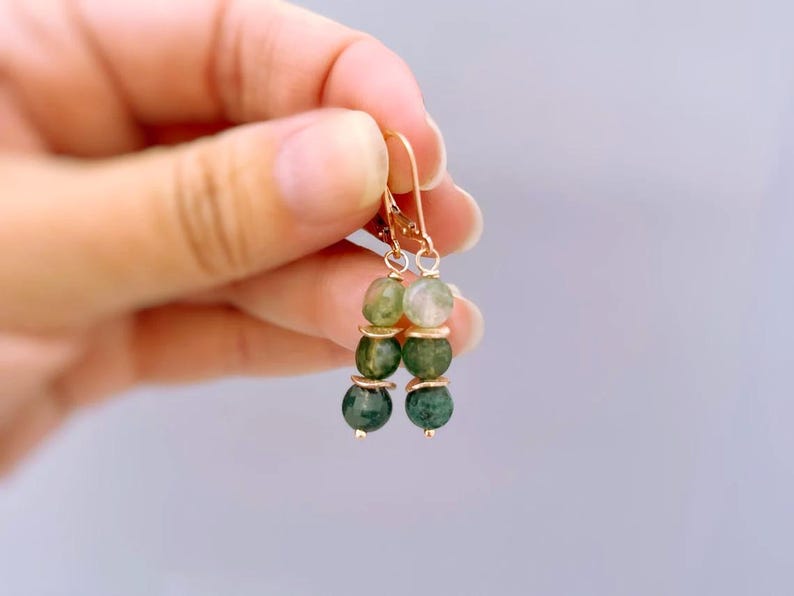 Moss Agate Earrings Dangle Rose Gold, Sterling Silver Green Gemstone Earrings long elegant handmade customizable dangly earrings for women image 3